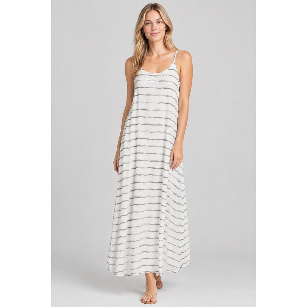 Carve Designs White Olive Stripe Maxi Dress Adjustable Straps Tie Waist Size M